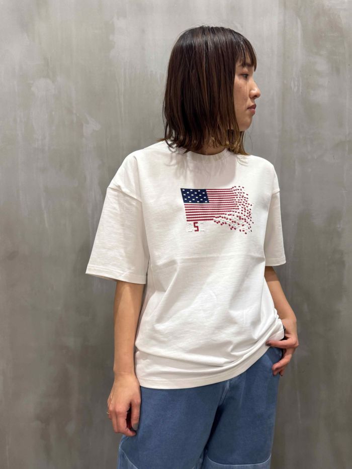 星条旗柄ニットトップス クルーネック 裾リブ[品番：MADW0003944