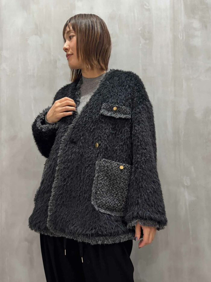 trois(トロワ)|フェイクファー×ツイード ハーフ丈ジャケット|T256-83071